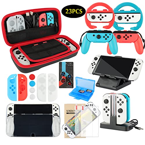 Accessories Bundle Party Pack for Nintendo Switch OLED Model(2021), Kit with Carrying Case, Joy Con Charging Dock& Grips& Covers, Steering Wheels, Mount, Screen Protectors, Caps(23 in 1)