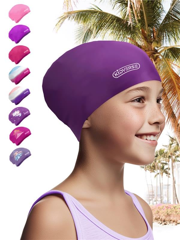 KIDVERSE Waterproof Kids Swimming Cap for Girls & Boys with long voluminous hair - Swim Hat with Anti-Slip Grips - Comfortable Silicone Swim Cap Girls & Boys - Swimming Hat Kids with UV Protection
