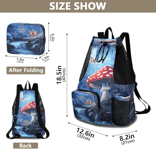 Mesh Gym Swimming Bags for Men & Women, Fantasy Forest Mushroom Butterfly Large Drawstring Backpack with Dry-Wet Pocket, Lightweight Gym Bag for Sports, Travel, Beach, Workout Gear2