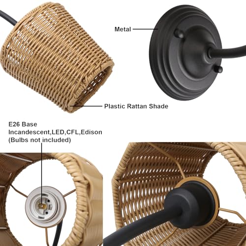 Image of Yosoan Set of 2 Rattan Boho Wrapped Wall Sconce Light, Indoor Hardwired Gold Hand-Woven Farmhouse Vintage Wall Lamps, Brass Handmade Shade Wall Mount Fixture for Reading Bedside Bedroom(Black)