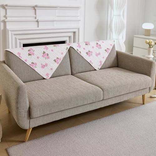 Image of HOMETHREADS Anti-Skid Sofa Protector Mat: Premium Printed Cotton Slipcover with Strong PVC Non-Slip Backing, (White Pink, 1Pc Backrest | 70x75cm)