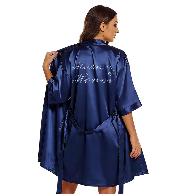 Image of Women's Bride Bridesmaid Robes Short Satin One Size Silver Rhinestones Wedding Party Getting Ready Sleepwear