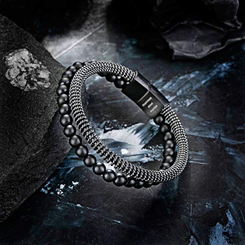 Murtoo Mens Bracelet Bead Leather Bracelet, Steel Chain And Leather Bracelet And Cuff For Men With Magnetic Clasp (Onyx Black, 7.3"-8.3") #TOP5