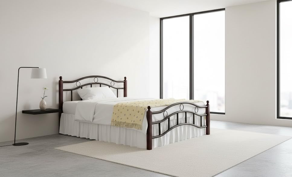 Furniture4Us Malaysia Made Wood & Steel Bed With Wooden Legs Drak Brown Color With Medical Mattress(Twin/Double 120 x 190 cm)