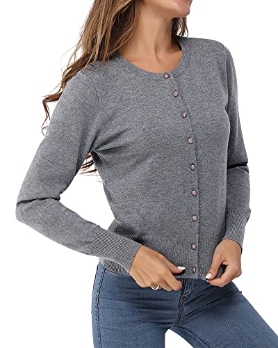 VOTEPRETTY Strickjacke Damen Leichte Cardigan Kurz Pullover Rundhals Strickjacken Langarm Strickmantel mit Knöpfe Grau, M