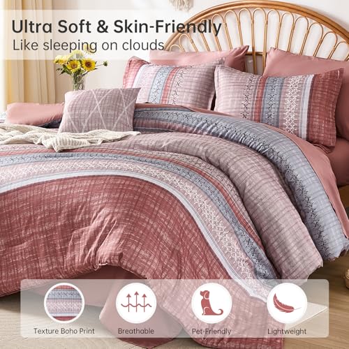 Image of Boho King Comforter Size Set, 8 Pieces Blush Pink Striped Texture Bed in a Bag Bedding Sets, Lightweight Soft Comforter and Sheet Set, All Season Microfiber Teen Boys Bedding Sets for Men Women