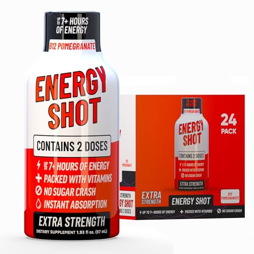 Image of B12 Pomegranate Extra Strength Energy Shot 24 PK - 260mg Natural Caffeine B12 B6 - Energy & Vitality Support - 2 Servings Sugar Free Zero Calorie Green Tea B-Vitamins Electrolytes Vegan - 1.93 fl oz