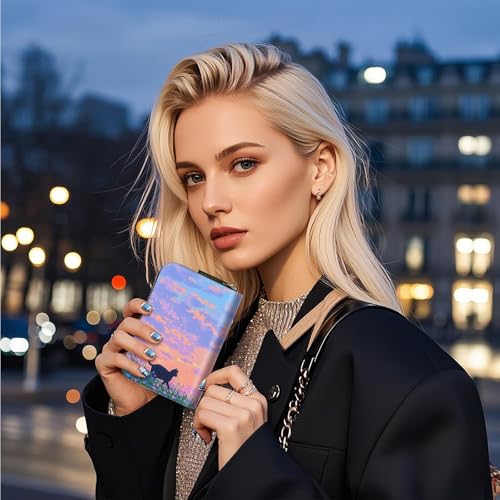 Small Credit Card Case Wallet for Women, RFID Blocking Mini Slim Leather Card Holder Wallet, Pocket Business Card Case with Zipper Card Holder, Black Cat and Flower2