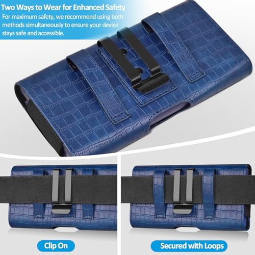 Image of ACCKUO Leather Phone Holster with Strong Metal Belt Clip and Card Holder Compatible with iPhone 17 Air, 16 /15 /14 /13 Pro Max, Galaxy S26 /S25 /S24 /S23 /S22 Plus and FE for Everyday Protection, L-Blue