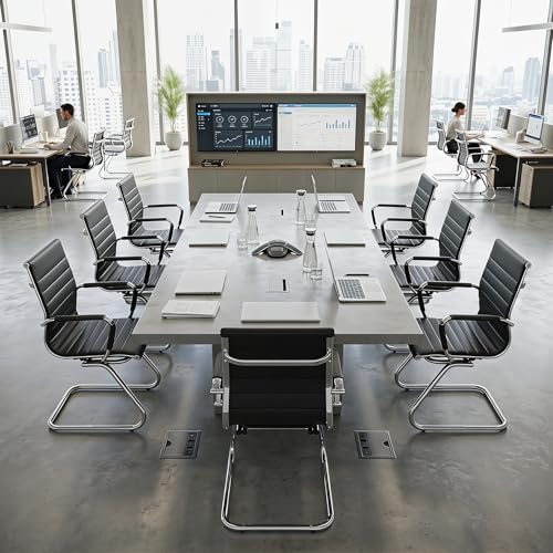 Image of HNY Leather Office Guest Chairs & Reception Chairs Set of 10, Modern Waiting Room Chairs with Arms, Desk Chair no Wheels with Sled Base for Waiting Room /Conference Room, Black