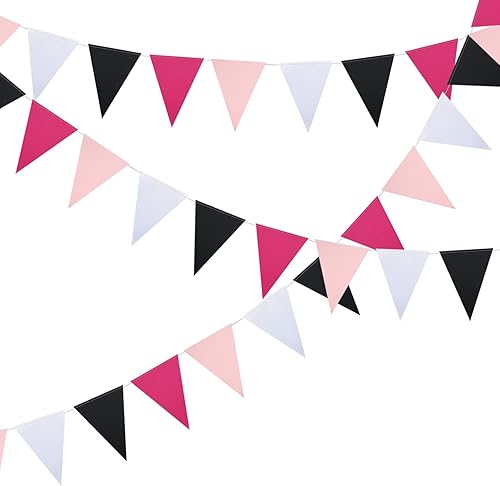 Miniatura 3 de Mefuny Paquete de 3 banderines de 30 pies, color rosa intenso, negro, blanco, banderines triangulares, guirnalda para decoraciones de cumpleaños