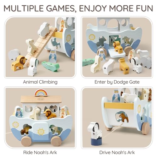 Image of Joyreal Wooden Noah's Ark Toy for 1 Year Old Baby Boy and Girl Baptism Gift - Neutral Color Montessori Educational Toy with Animal Shape Sorter - Christian Toys for Toddler 1-3 Christmas Birthday Gift