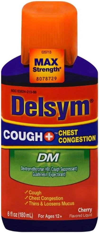 Max Strength Delsym Cough Plus Chest Congestion DM Liquid, Cherry Flavor, 6 fl. oz. Relieves Cough, Chest Congestion, and Thins & Loosens Mucus (Pack of 2)