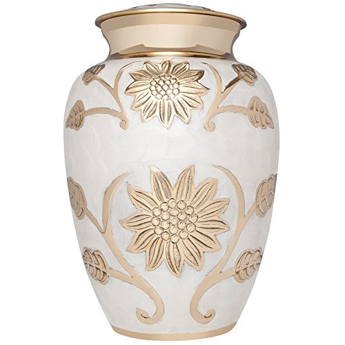White and Gold Flower Funeral Urn by Liliane Memorials - Cremation Urn for Human Ashes - Brass- Suitable for Cemetery Burial or Niche- Large Size for Adults up to 200 lbs - Rose Lisette