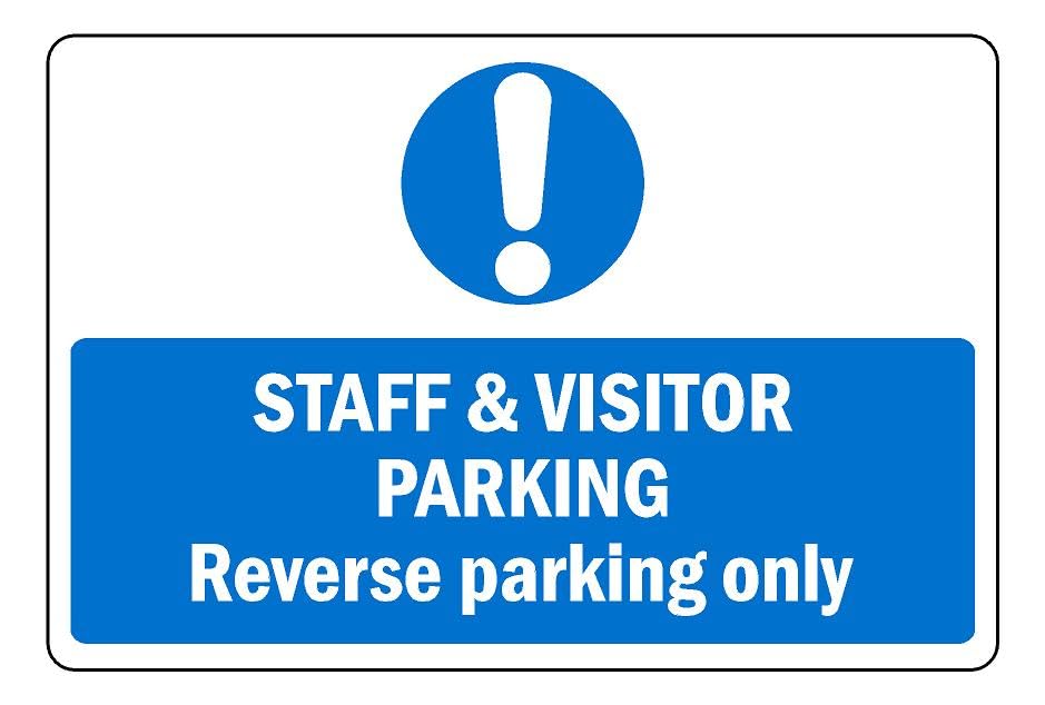 Staff and visitor parking Reverse parking only Safety sign - 3mm Aluminium sign (400mm x 300mm)