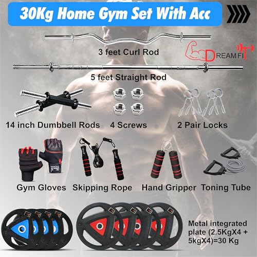 Image of DREAM FIT Rubber Coated Metal Integrated Weight Plates 30Kg Professional Home Gym Combo with 23mm 3ft curl rod, 23mm 5ft straight rod, 1 pair dumbbell rods with steel nuts and gym accessories (30kg set)