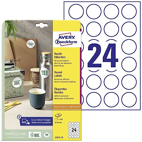Avery Zweckform L3415-10 - Etiquetas redondas (240 pegatinas en 10 hojas, autoadhesivas, diámetro de 40 mm, A4, para etiquetar documentos, productos), color blanco
