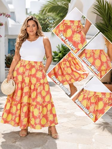 Image of Moon Wood Plus Size Maxi Skirts for Women Trendy Long Flowy Boho Tiered Skirt Renaissance Summer Beach Skirt with Pockets