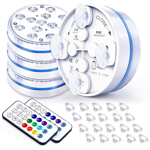 Joycome Poolbeleuchtung Unterwasser IP68 Wasserdicht 13 LED Pool Licht mit Fernbedienung 16 RGB Unterwasser Licht Poolbeleuchtung Magnetisch/Saugnapf für Pool Spa Teich Badewanne Brunnen (4 Stück)