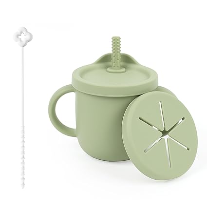 BendJoy 2 in 1 Sipper Bottle for Kids, 250ml Snack and Training Silicone Cup for Baby, BPA Free Green Baby Water Bottle for 6 to 12 Month Baby