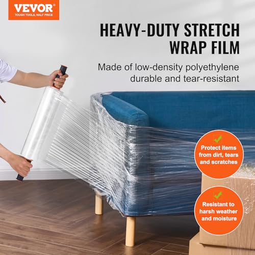 vevor stretch film 15 inches x 1200 feet 80 gauge industrial strength clear durable stretch wrap roll heavy duty shrink film stretch wrap with handles for pallet wrapping shipping moving 2 pack