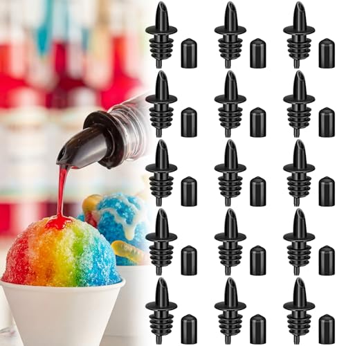 30 Pcs Bottle Pourers Syrup Pour Spouts Including Snow Cone Syrup Alcohol Liquor Bottle Pourers and Rubber Dust Cap Covers Dispenser Accessories