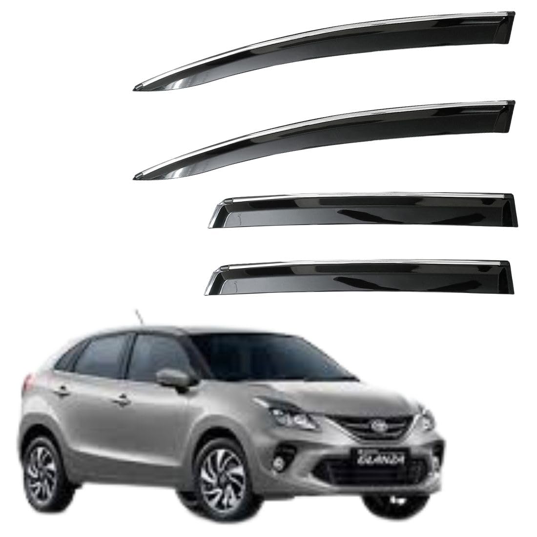 CAR SAAZ Unbreakable Chrome Smoke Door Visor for Glanza (2019-2022) | Premium Sun, Rain Wind Deflector Chrome Strip Side Door Rain Visor – Set of 4 Pcs