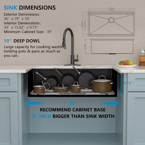 Image of 36 inchx19 inch Matte Black Undermount Kitchen Sink Workstation | 16 Gauge T304 Stainless Steel, Nano-PVD Black Finish, Under Counter with Integrated Ledge, Round Corners, Single Bowl Basin