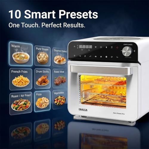 Image of INALSA Air fryer Oven 1700 W(Air Fryer + Steam)|10-in-1 Preset Air fry,Steam,Roast,Ferment,idli,Momos,Sanitize & More|15 L Large Family Size Capacity|Self Clean Function|2 Yr Warranty,Aero Steam Pro