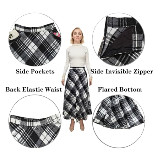 Women Long Plaid Skirt,2025 Fall Winter Warm Wool Plaid Maxi Skirt with Pockets,Elastic Waist A Line Tartan Skirts3