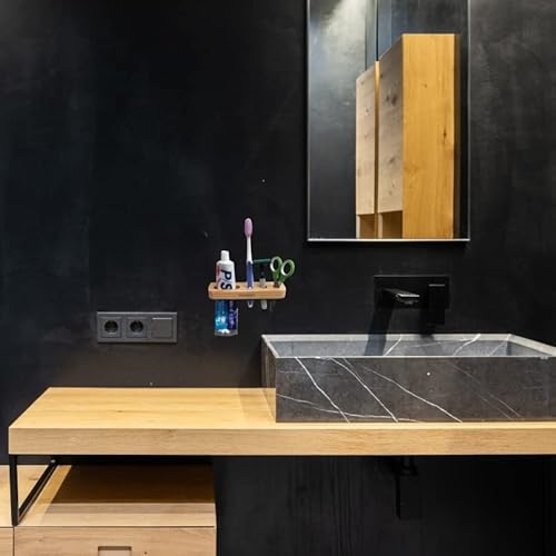 Nazakool Toothbrush Razor Holder Wall Mounted For Bathrooms Tooth Brushing Adhesive -Save Space Easy To Drain - Easy To Clean 100% Wooden Save The Planet (4 Holes) #TOP2