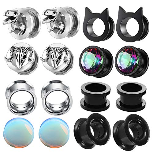 8 Pairs CZ Gems Ear Tunnels Plugs Gauges Stainless Steel Tyrannosaurus Expander Stretcher Piercings Opal Glass Silicone Black Dinosaur