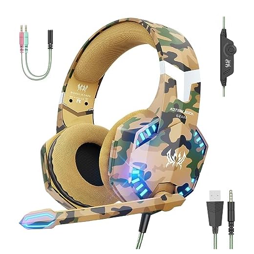 VersionTECH. Stereo Gaming Headset for PS5, PS4 Xbox One Controller, Noise Reduction Over Ear Headphones with Mic, Bass Surround & LED Lights for Laptop PC Mac Computer Nintendo Switch Games - Camo