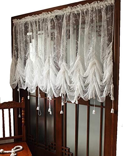 Lyfreen Sheer Curtains 72 inch Length, Embroidered White Curtains Tie-Up Lace Curtains,Vintage Curtain for Bedroom Children Living Room Yard Kitchen