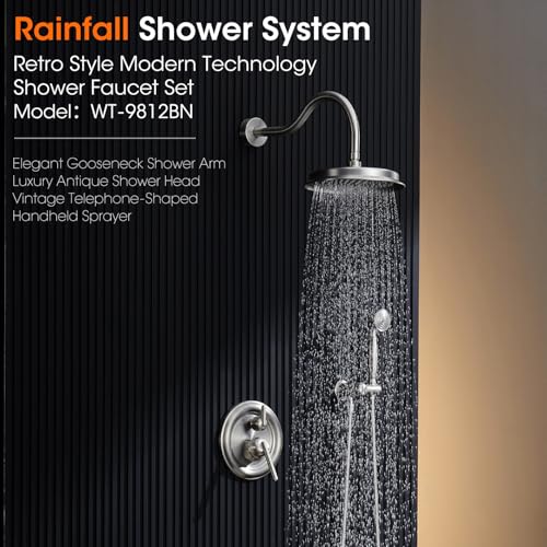Image of Rainfall Shower System Shower Faucet Set, Luxury, Antique, Brushed Nickel