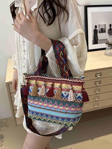 boho western crossbody bags for women, boho hippie handbag tote bag, fringe colorful multi color canvas purse2