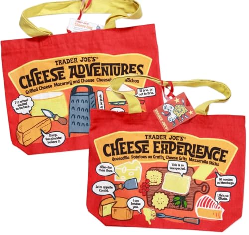 Trader Joe's Cheese Adventures Bag – Reusable Grocery Tote, Heavy Duty 100% Cotton, Reinforced at Major Stress Points, Eco-Friendly Shopping Bag for Everyday Use (Pack of 2)