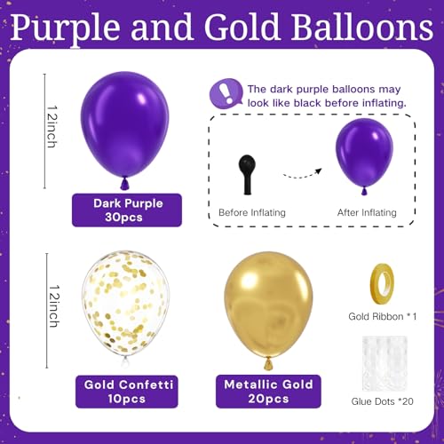 Image of BAUANOOY Purple and Gold balloons, 60pcs 12 Inch Purple Metallic Chrome Gold and Confetti Balloon for Wedding Graduation Birthday Party Decorations