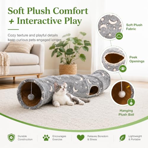 Image of Cat Tunnel Tube with Plush Ball Toys Collapsible Self-Luminous Photoluminescence, for Small Pets Bunny Rabbits, Kittens, Ferrets,Puppy and Dogs Grey Moon Star (S-Shape)