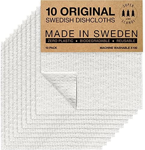 SUPERSCANDI White 10 Pack Swedish Dishcloths for Kitchen Reusable Compostable Towels Made in Sweden Cellulose Sponge Dish Cloths for Kitchen
