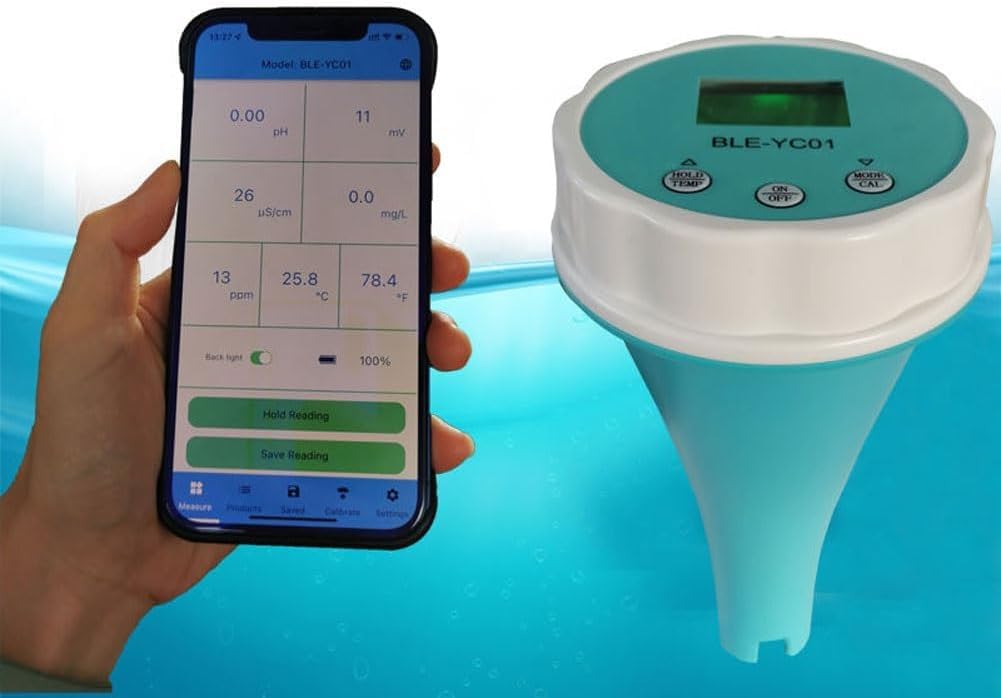 Probador De Calidad De Agua De Piscina con Bluetooth, Monitor Digital De Temperatura Y Cloro, Termómetro 6 En 1 para Piscina, Ph, Cl, EC, Tds, Orp Y Temperatura para Piscinas Y Acuarios.