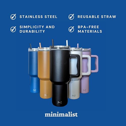 Miniatura 4 de Minimalist Modern - Vaso de 40 onzas con asa y tapa con pajilla, vaso aislado reutilizable, botella de agua de acero inoxidable, taza de viaje, apto