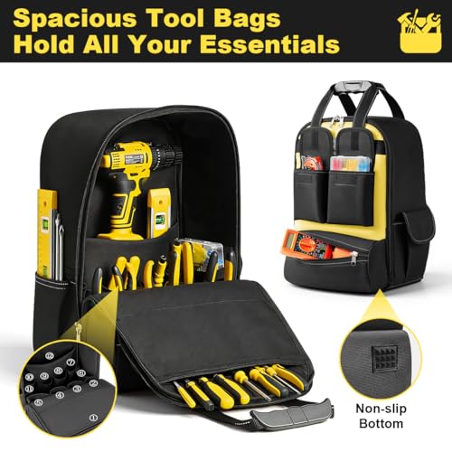 Image of Serplex 17'' Tool Organizer Backpack 1200D Polyester Tool Bag Organizer with 18 Pockets, Closable Handle, Freestanding Tool Storage Backpack for Electricians, Plumbers, Mechanics & DIY, 12x9.5x18''