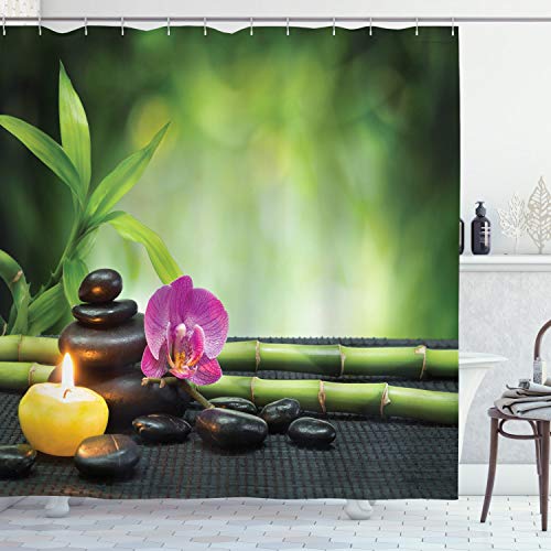 ABAKUHAUS Spa Shower Curtain, Orchid Bamboo Stems Chakra Stones Japanese Alternative Feng Shui Elements