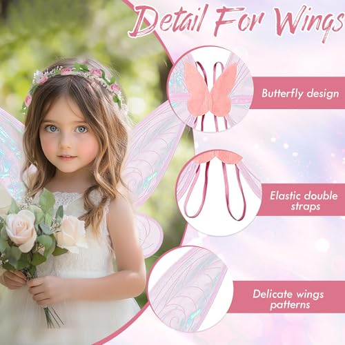Image of TecoKart Butterfly Wings for Girls - Fairy Wings for Kids Girls Butterfly Set, Pink Fairy Wings with Flower Garland, Elf Ears and Love Sticks, Ideal for Girls Birthday Party