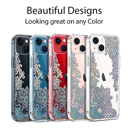 Coolwee Clear Glitter Compatible Iphone 13 Mini Case [Military Drop Protection] Flower Slim Crystal Lace Bling Shiny Women Girls Floral Hard Back Soft Tpu Bumper Protective Cover Mandala Henna Spakle #TOP6