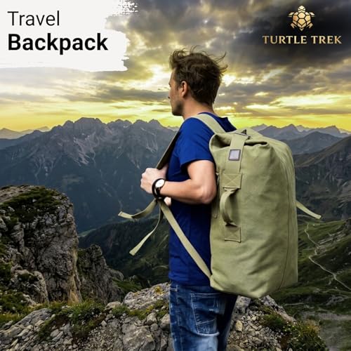 Image of Turtle Trek Travel Backpack Military Top Load Shoulder Bag Large Canvas Army Rucksack Trekking Hiking Duffle Luggage Bag with Multiple Pocket Compartments