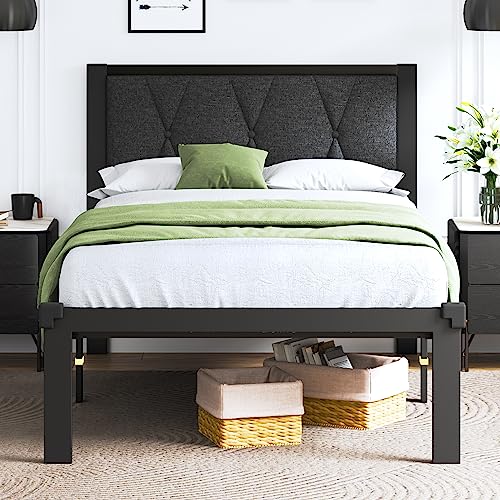 Feonase Twin Size Metal Bed Frame with Fabric Button Tufted Headboard, Platform Bed Frame with Heavy Duty Metal Slats, 12″ Storage Space, Noise Free, No Box Spring Needed, Dark Grey