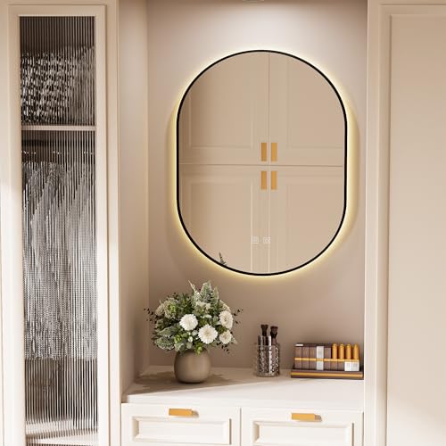 ChromaCasa Espejo Baño Ovalado con Luz LED Regulable en 3 Colores, 60x80cm Espejo de Pared Antivaho con Ajuste de Brillo e Interruptor Táctil, Horizontal/Vertical para Vestidor y Salón,Marco Metálico