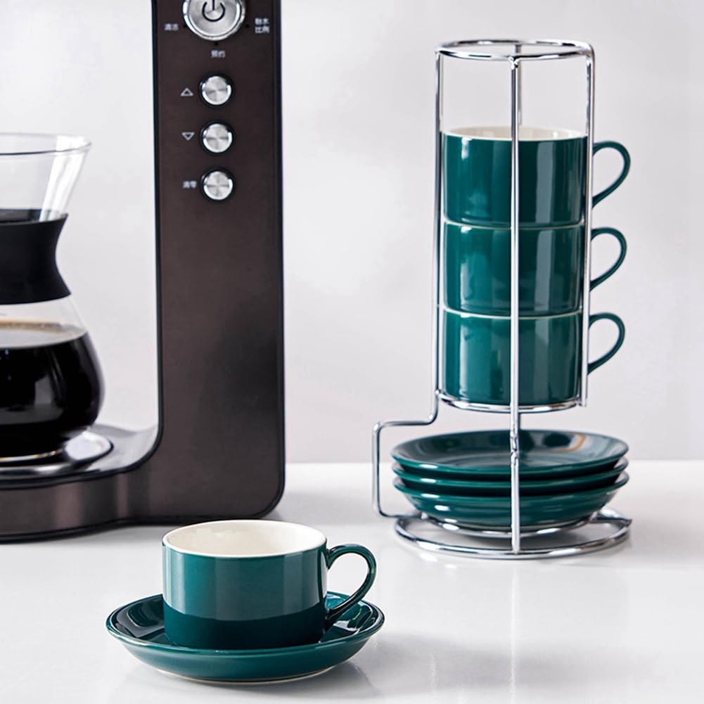 Tazas de Capuchino Apilables de Porcelana con Platillos y Soporte de Metal, Tazas de Espresso para Café con Leche, Café de Especialidad A